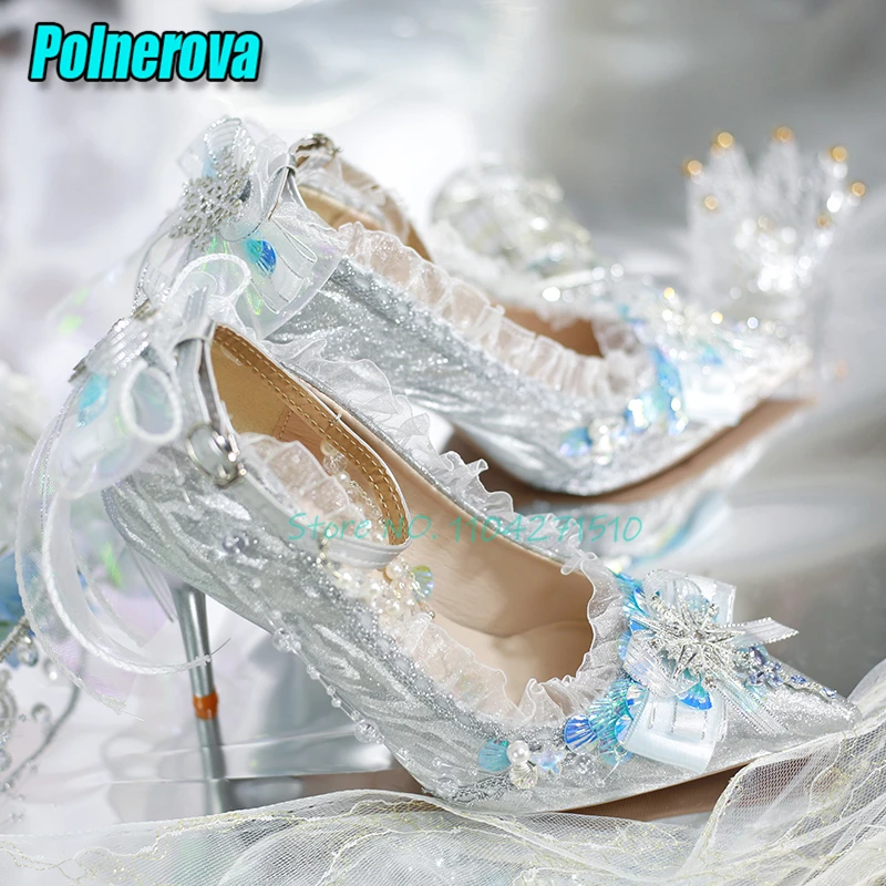 Bling Rhinestone Pearl Chain High Heels Sweet Lace Bow Pointed Toe Ankle Buckle Lolita Pumps Cosplay Fairy Wedding Dress Shoes