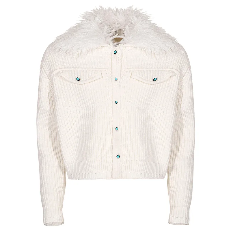 MWJLPWQ Solid Color Detachable Fur Collar Sweater Coats For Men High Street Autumn Winter Thickened Warm Knitwear Fashion 12773