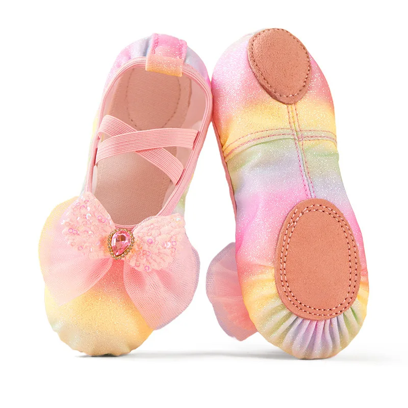 Chaussures de danse pour enfants filles ballerines chaussures arc-en-ciel nœud paillettes en cuir à semelles souples danse Performance Skate Sport chaussures de Yoga