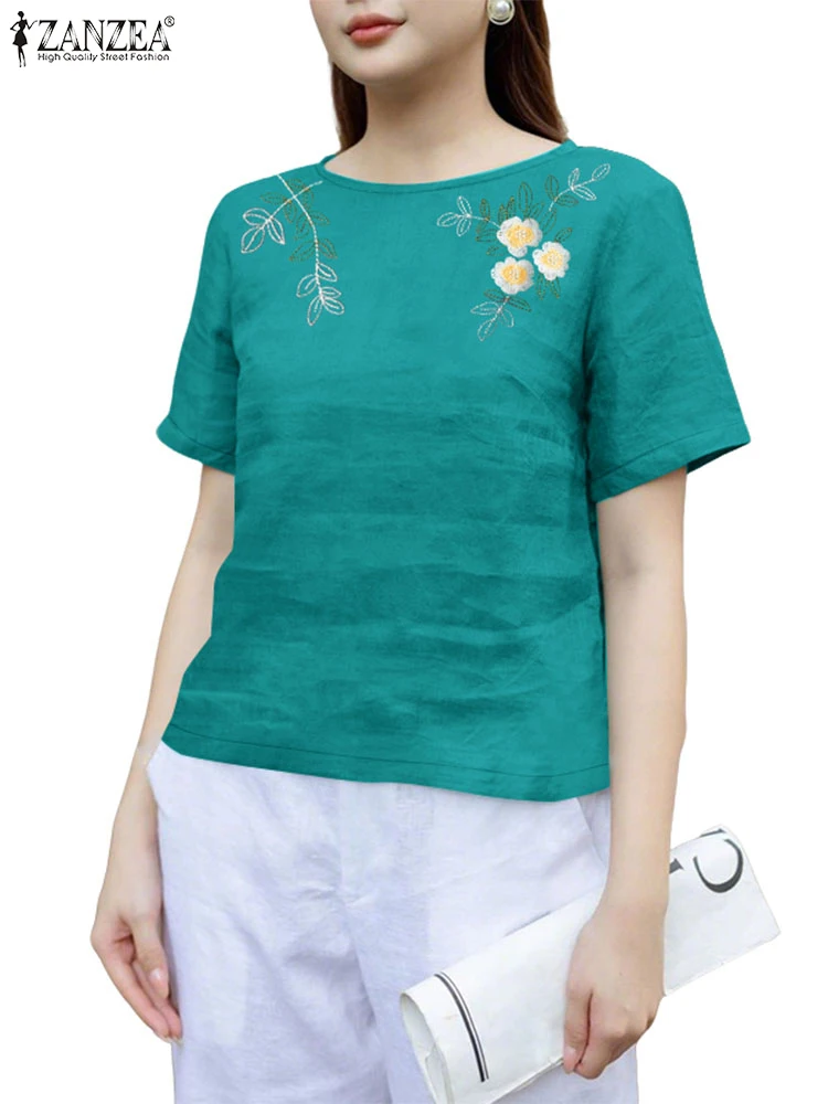 

ZANZEA 2025 Summer Embroidery Tops Women Short Sleeve Print Shirts O-Neck Casual Vintage Blouse Loose Tunic Fashion Lady Blusas