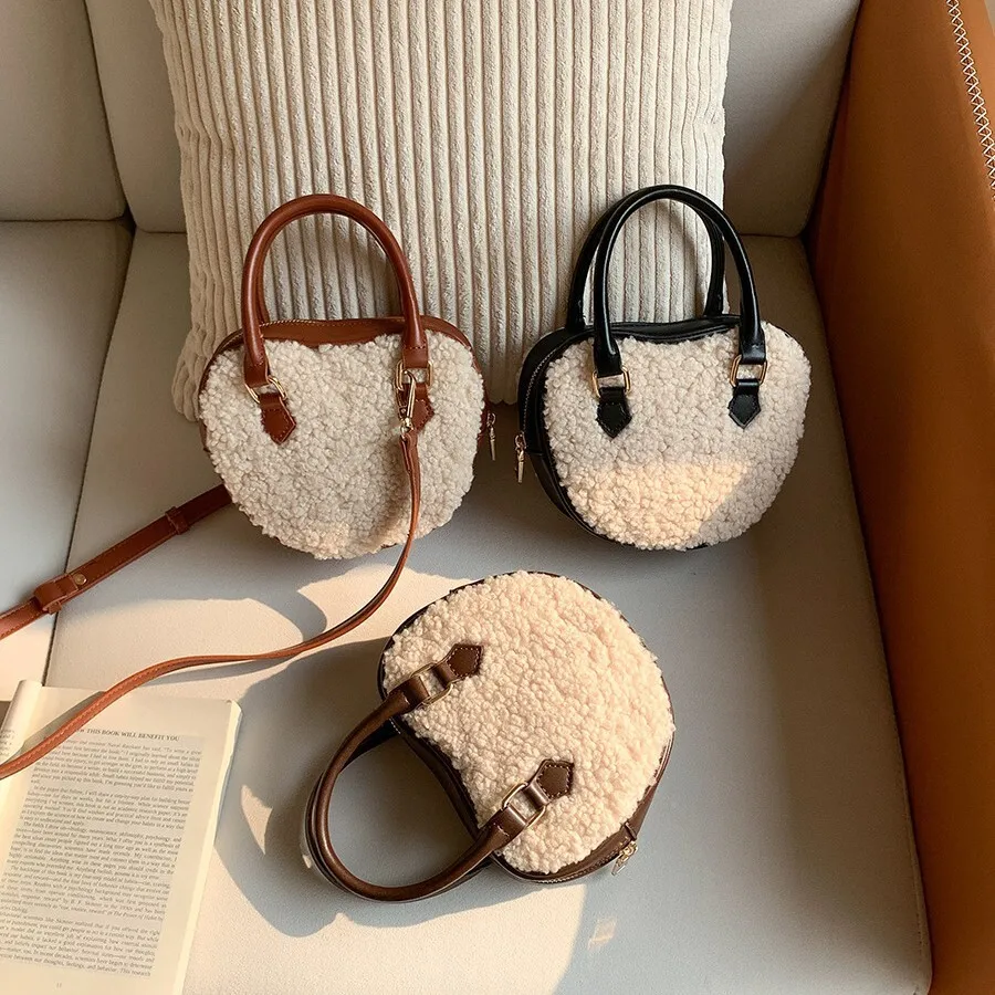 Apple Heart Shape Lady Shoulder Crossbody Bag Small Luxury Warm Lamb Wool Patchwork Leather Women Top-handle Hand Bag