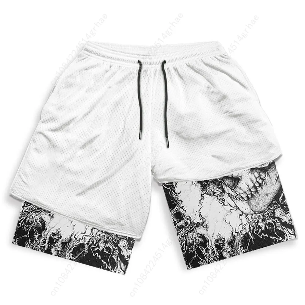 Y2K Compression Shorts Skull Print 2 in 1 Gym Shorts for Men Active Athletic 5 Inch Quick Dry Stretchy Training Fitness Workout