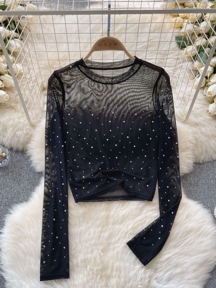 6 Colors T-shirts Women Cropped Sequins Slim Sheer Solid Spring Summer sexy Style Comfortable O-neck Clubwear European Style