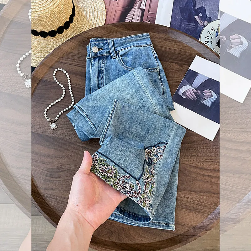 

New Chinese Style High Waist Bell Bottom Jeans Women's Summer Blue Embroidery Slimming Nine Point Wide Leg Pants