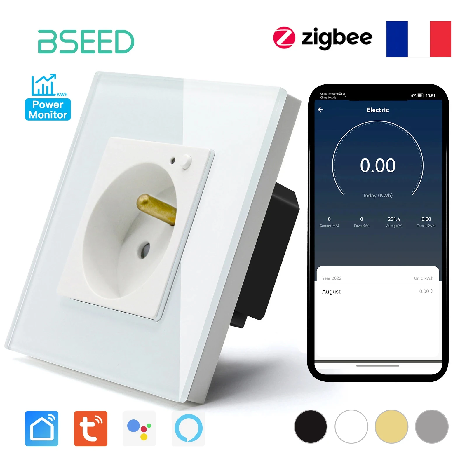 BSEED ZigBee French Socket Wall Single Socket Crystal Glass Panel Support Google Tuya Smart Life App Power Monitor Smart Socket