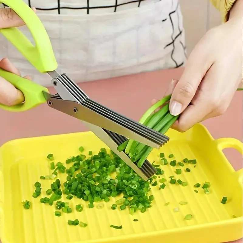 Multilayer Kitchen Scissors Stainless Steel Vegetable Cutter Cooking Tool for Cutting Herbs Scallions with Cleaning Comb