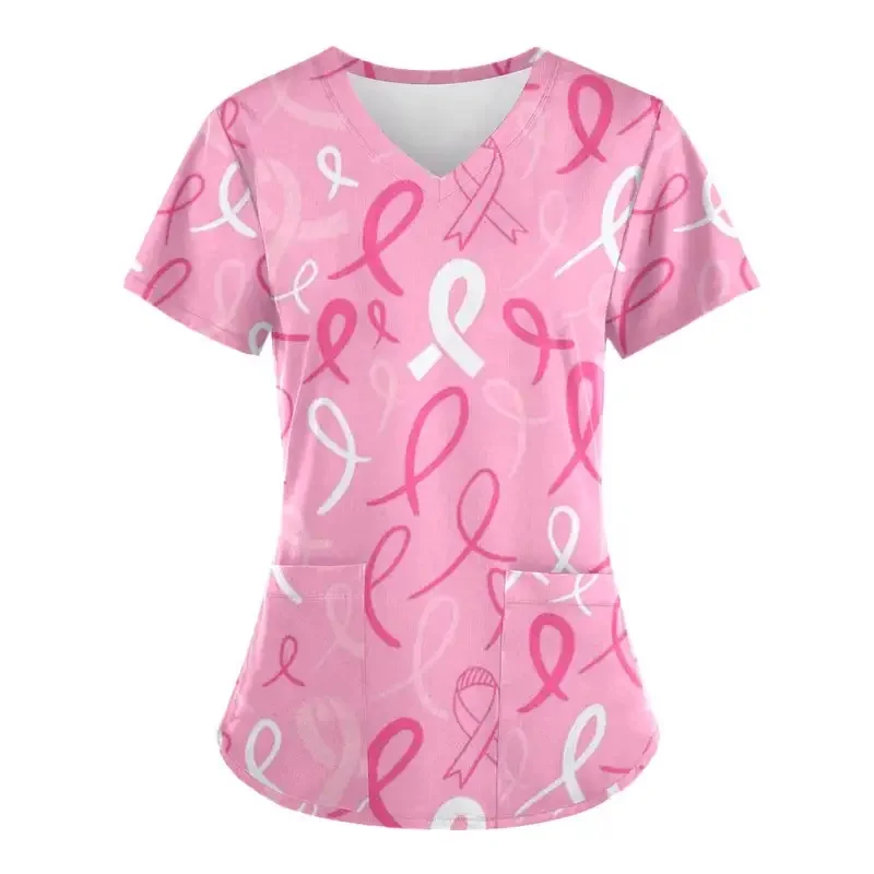 Scrubs - Women's Cancer Awareness Medical Uniform, Short-Sleeved V-Neck Shirt with Pockets, Pink