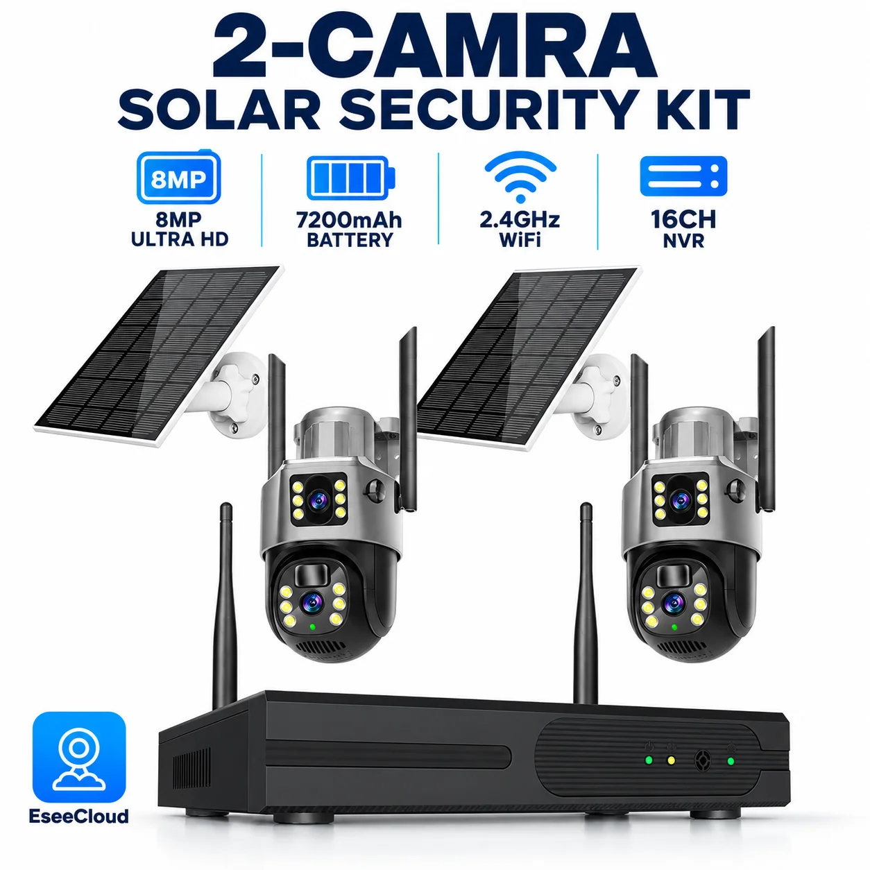 5MP WiFi 16CH NVR Sicherheitskamerasystem 8MP Vollfarb-Nachtsicht Dual-Lens Solar-PTZ-Kamera-Kit Zwei-Wege-Audio Bewegungsmelder IP66 Wasserdicht EseeCloud