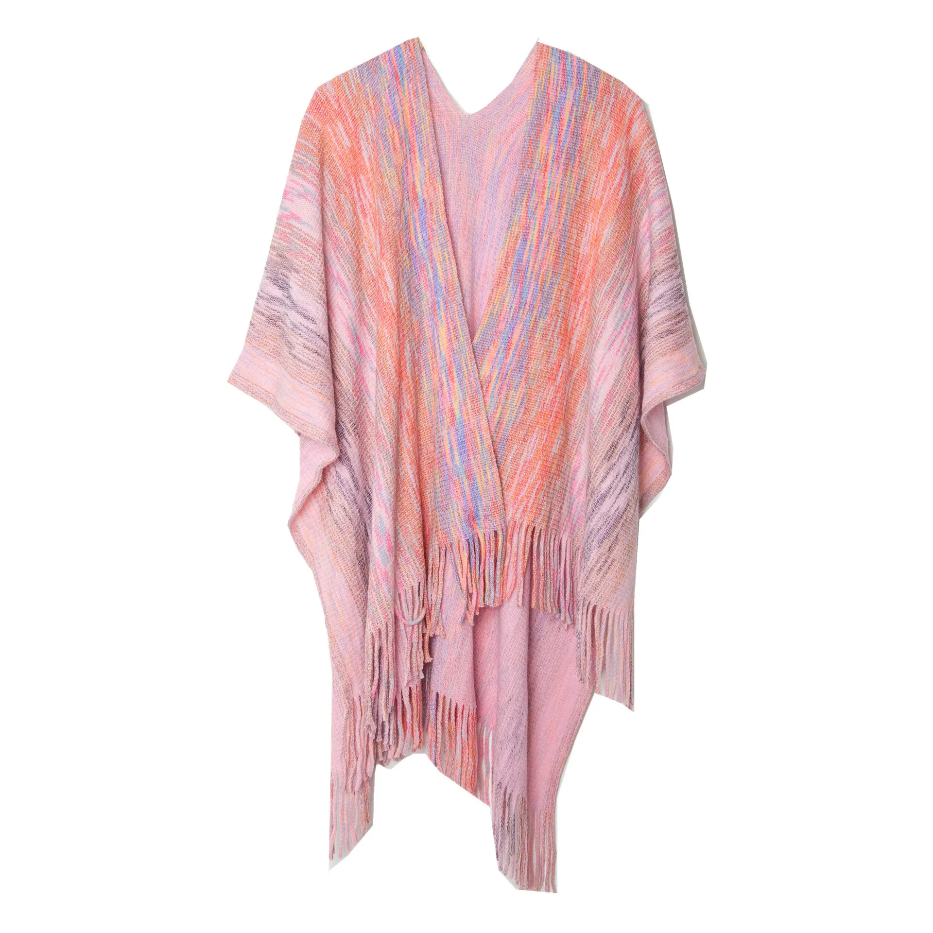 Primavera outono fade cor borla dividir xale tricô moda casual mulher poncho senhora capas caqui capas