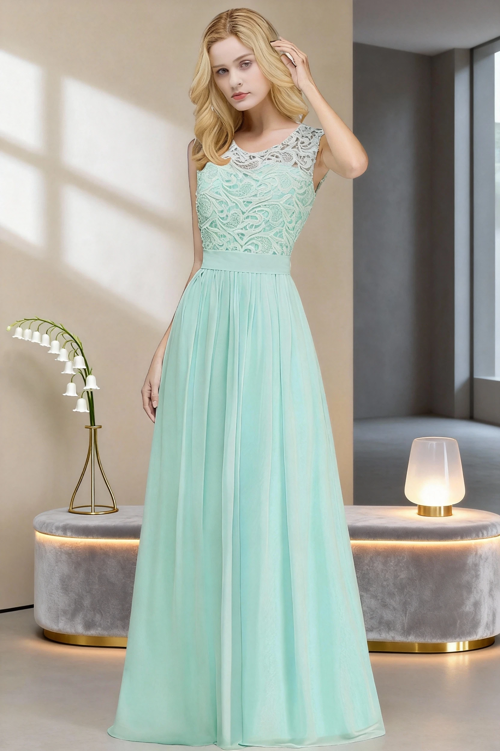 

Elegant Mint Green Evening Dress Women Sleeveless Lace Chiffon Prom Dress A-line Formal Party Gown Long Bridesmaid Dress 2025