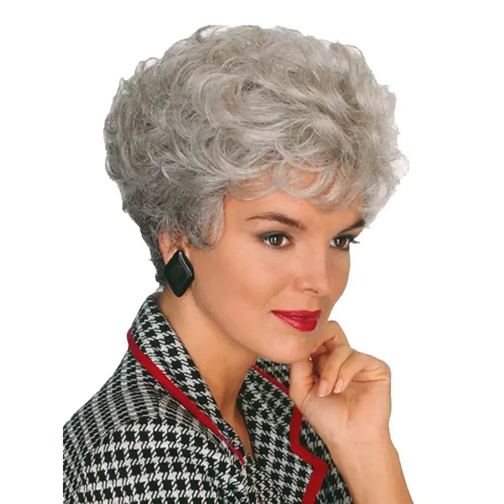 

Women's European and American middle-aged and elderly silver wig, short curly hair synthetic fiber headpiece for daily wear