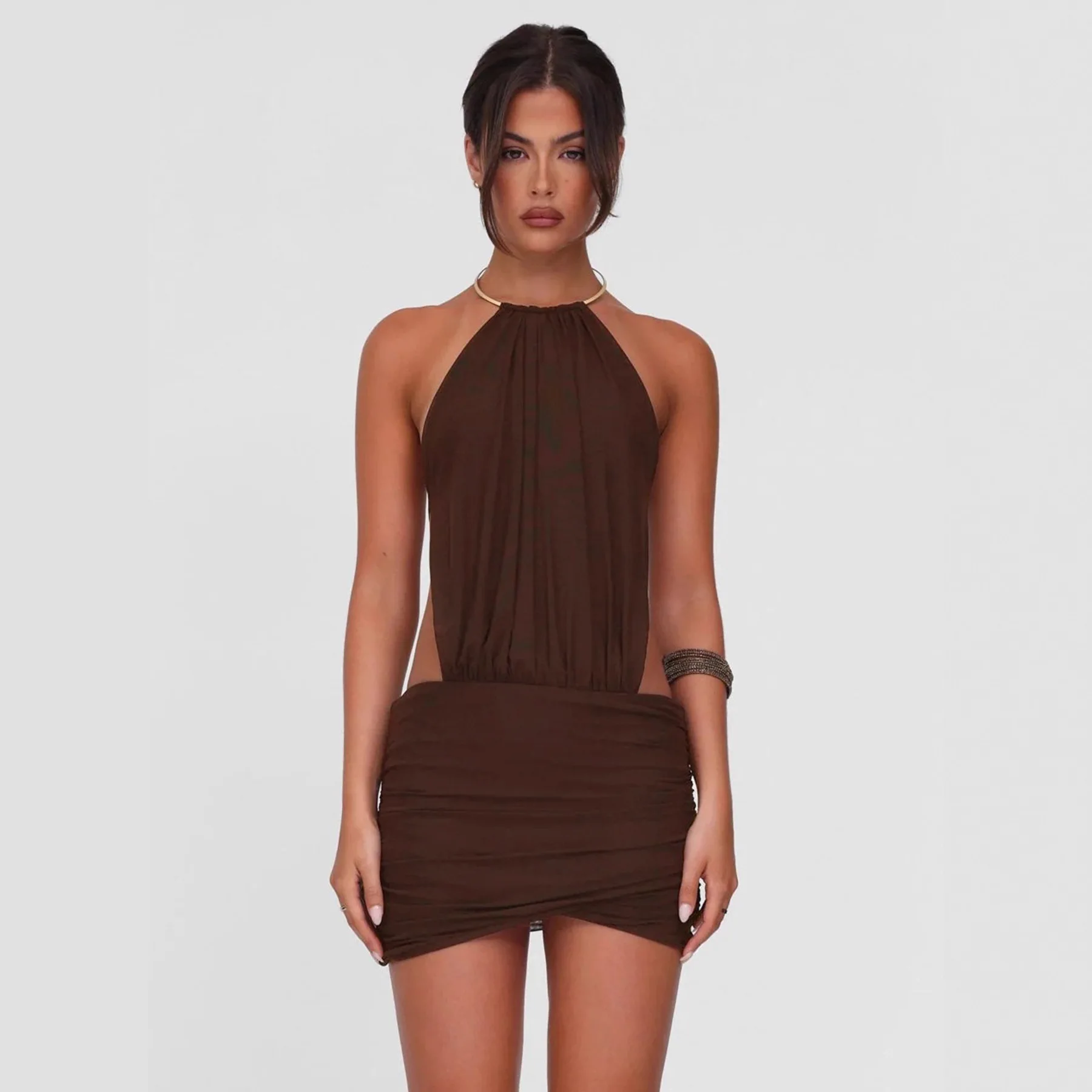 

Сексуальное металлическое кольцо подвесное Ne Bal плиссированное облегающее платье Dr Milk Fiber Thiened со средней талией ort Sve mid Year Spring...