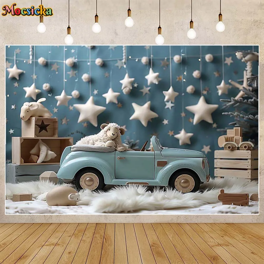 Mocsicka Photography Background Blue Wall Car Stars Car Baby Newborn Portrait Backdrop Party Decor Photo Studio Photoshoot Props