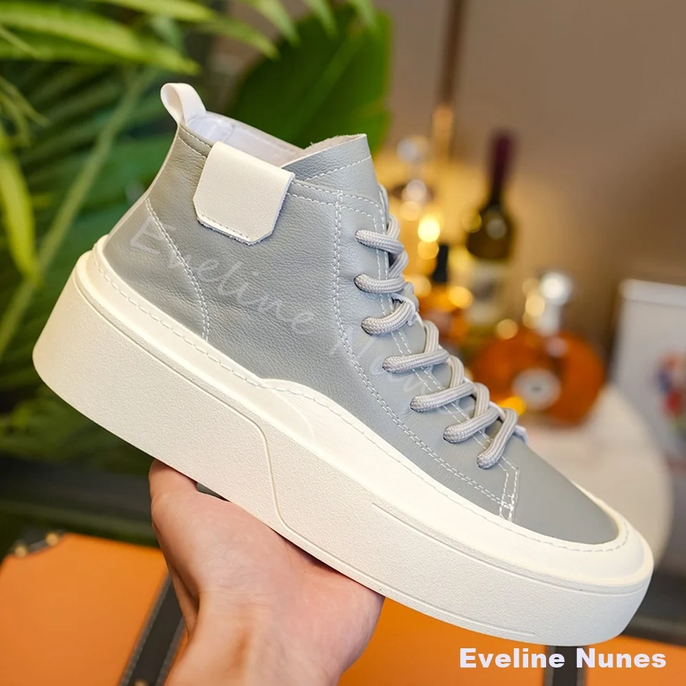 Men Lightweight High-Top Shoes with Height-Increasing Thick Soles Grain Leather Casual Platform Sneakers Simple Grey Men's Shoes