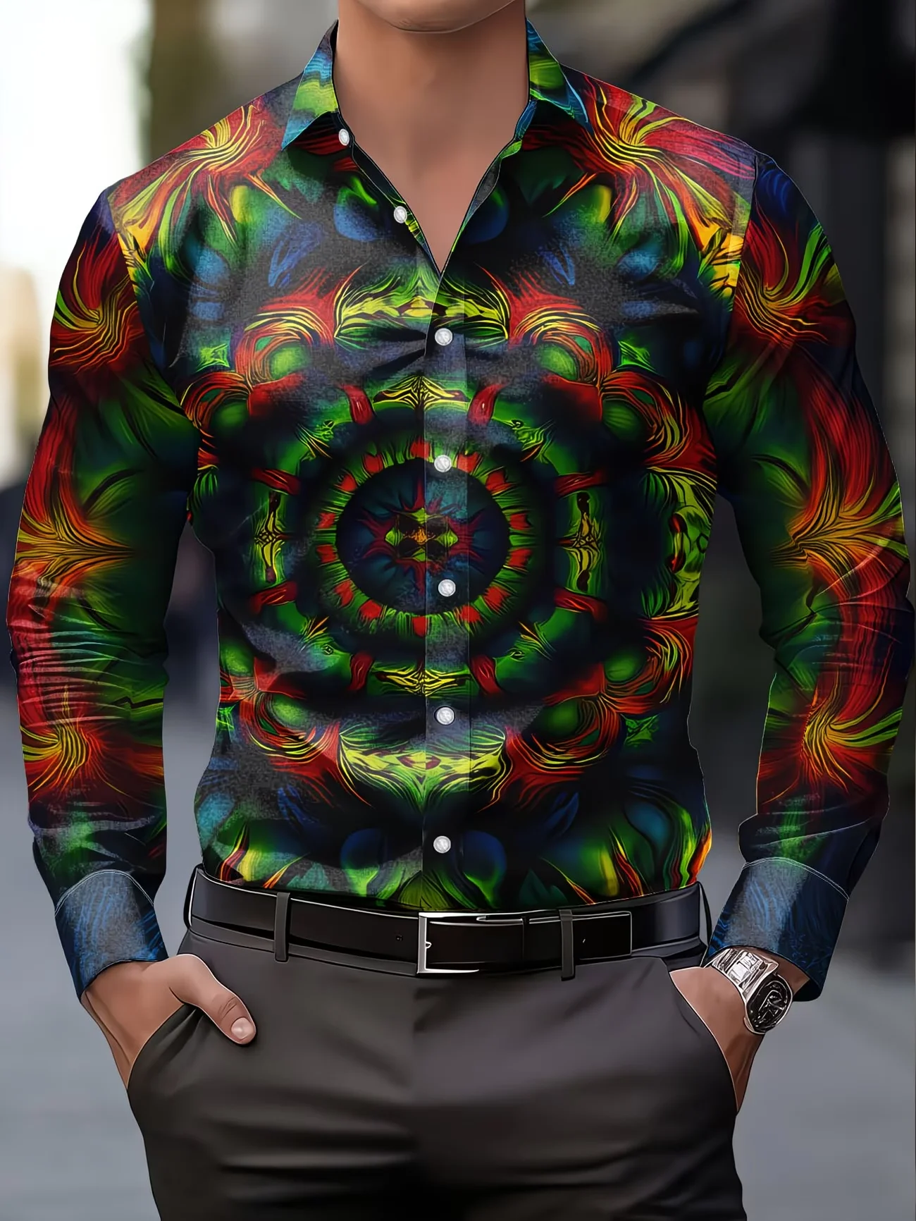 

New 3D visual illusion printed men's long sleeved shirt with personalized trendy brand style and casual floral shirt