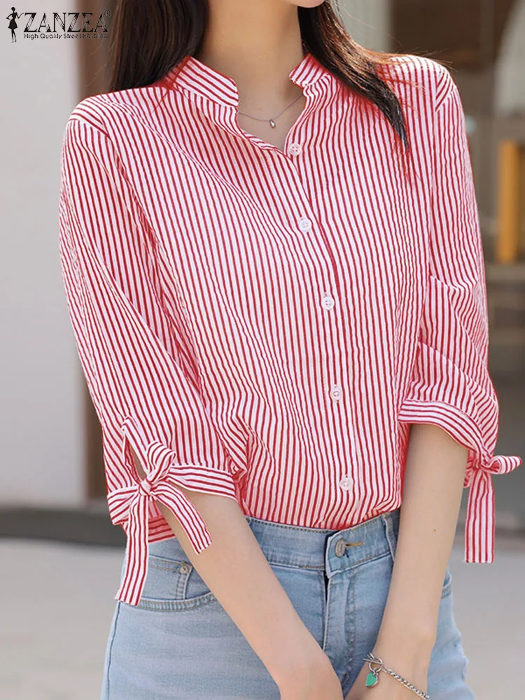 Elegant Shirts Women Fashion Work OL Blouse ZANZEA Summer Striped Printed Shirt 3/4 Sleeve O-Neck Tops Buttons Down Blusas Femme