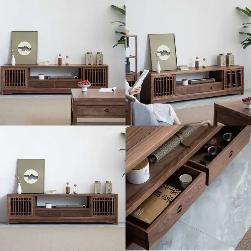 For Living Room New Chinese Black Walnut Solid Wood Coffee Table TV Cabinet Combination Wall Floor Audio Visual Cabinet