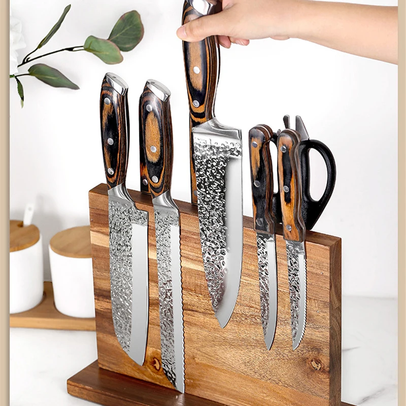 Double-sided Magnetic Knife Holder Kitchen Storager Organizer Cutter Stand Holder Multi-Functional Wooden Knife Block Display