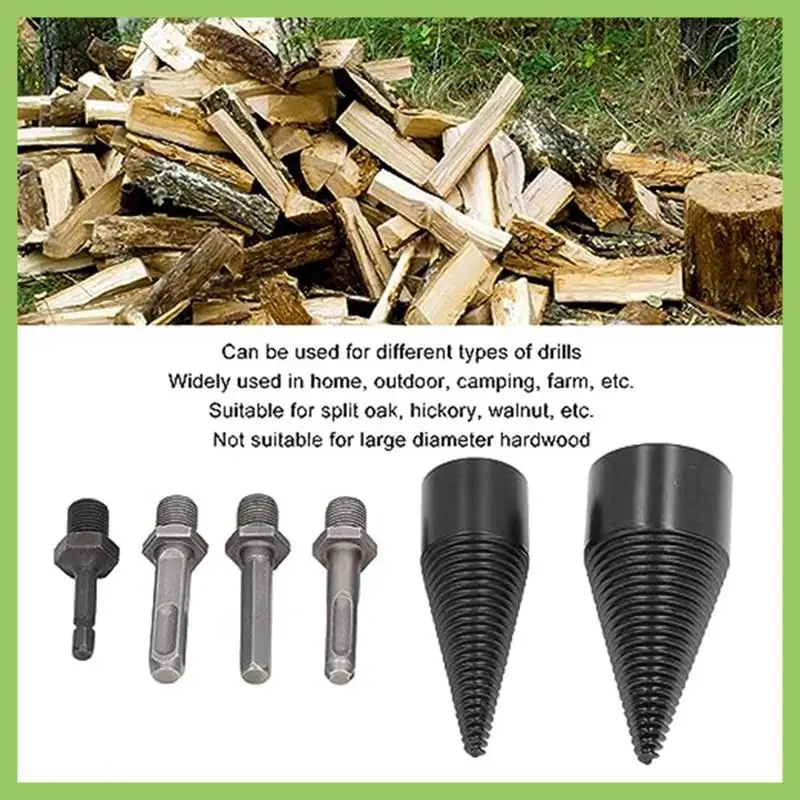 

ABJT-Pack Of 6 Log Splitter Bits, 32Mm 42Mm Removable Splitting Cone Firewood Splitter Bits With 4 Handles