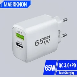 65W GaN USB Fast Charger PD Type C Fast Charging Mobile Phone Adapter EU/US Plug For iPhone Xiaomi Huawei QC3.0 Wall USB Charger