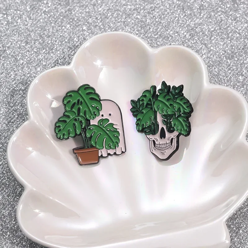 Punk Gothic Skull Head Potted Enamel Pins Funny Ghost Skeleton Frog Green Plants Brooches Lapel Badge Jewelry Accessories Gift