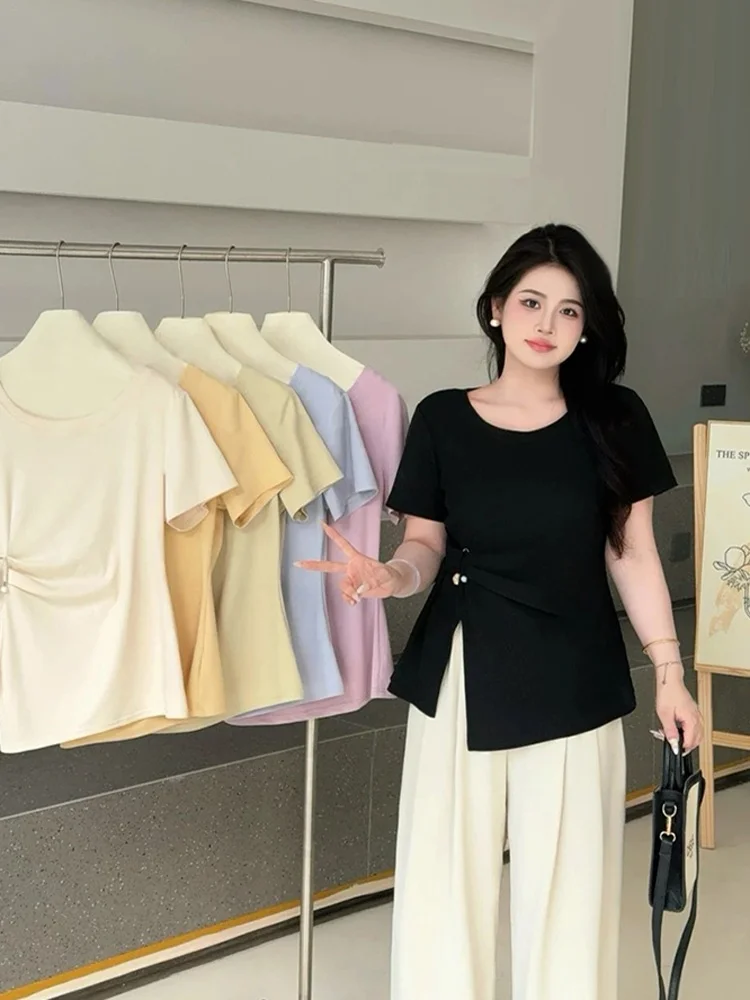 plus Size Women's T-Shirt Casual Style Slim Fit Short Sleeve High Waist Opening Design Meat Concealing Elegant Summer Top