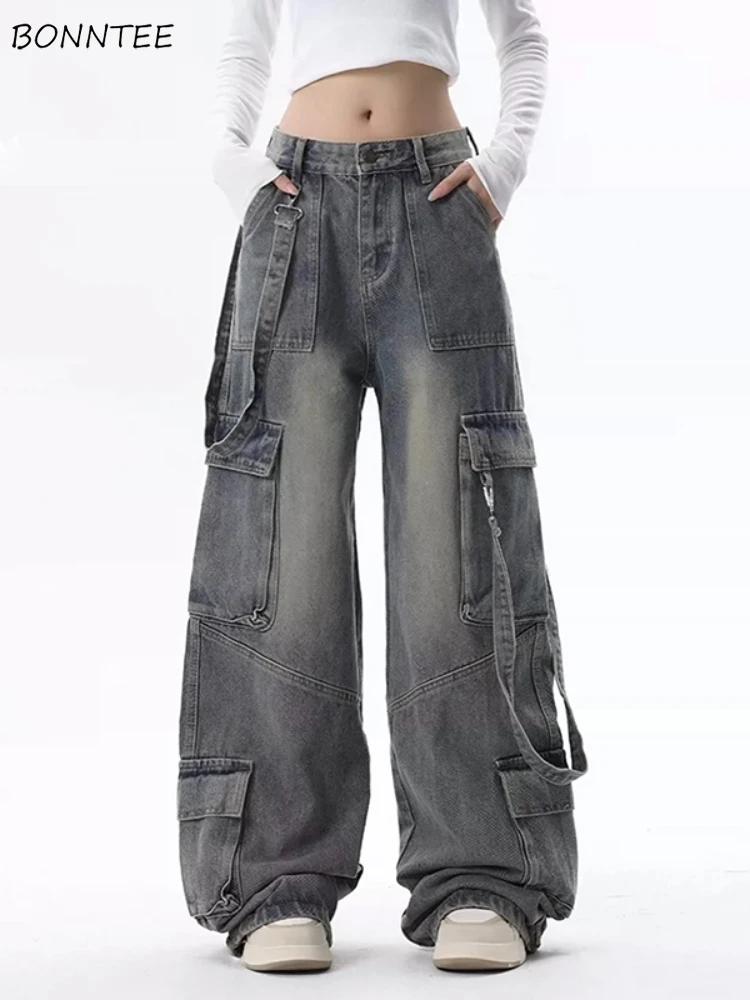 Cargo Jeans for Women Baggy High Street Chic All-match Daily Vintage High Waist Trousers Autumn Popular Multi-pockets Classic