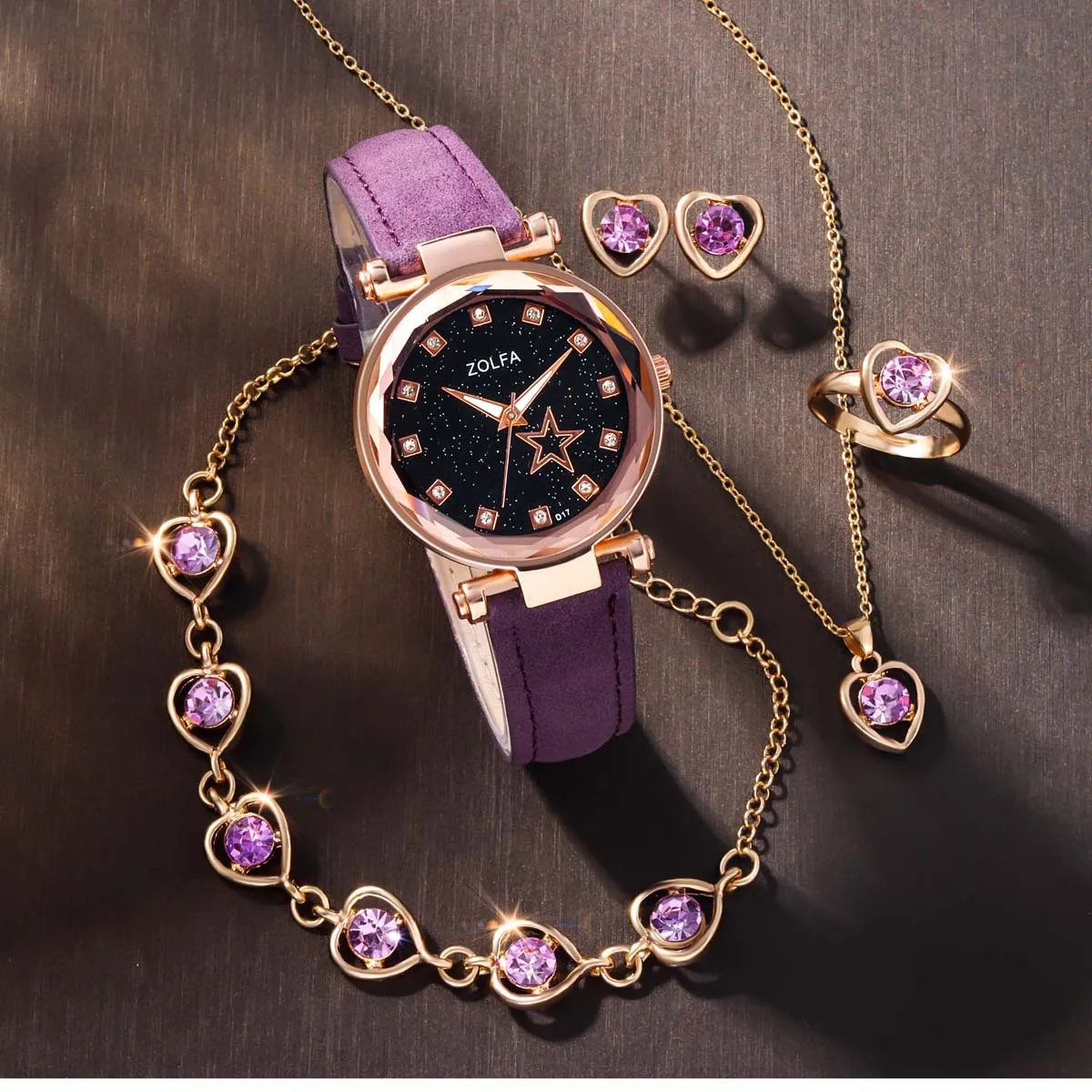 Fashion Commuting Full Sky Star Five pointed Star Women's PU Leather Watch Heart shaped Water Diamond Necklace Bracelet Earring