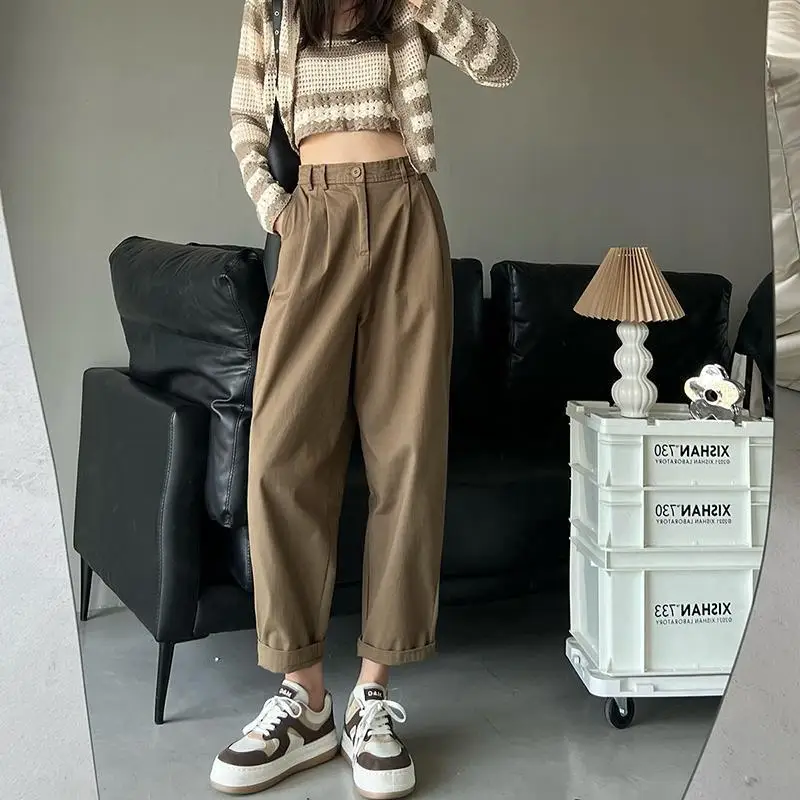 

Spring and Autumn Women's Solid High Waist Elastic Classic Slim Harem Button Fashion Casual Office Lady All-match Trousers