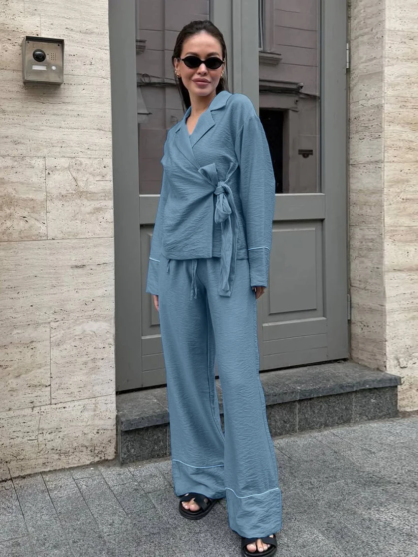 Marthaqiqi Casual Ladies Sleepwear Set Long Sleeve Pajama Lace Up Nightie Sexy Turn-Down Collar Nightgowns Pants Nightwear Suits