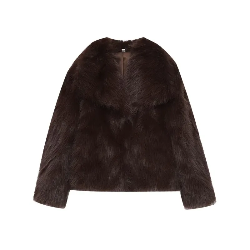 

Brown Faux Fur Coat for Women 2025 Winter New in Elegant Long Sleeve Top Fluffy Cardiga Hot Outerwears Jackets