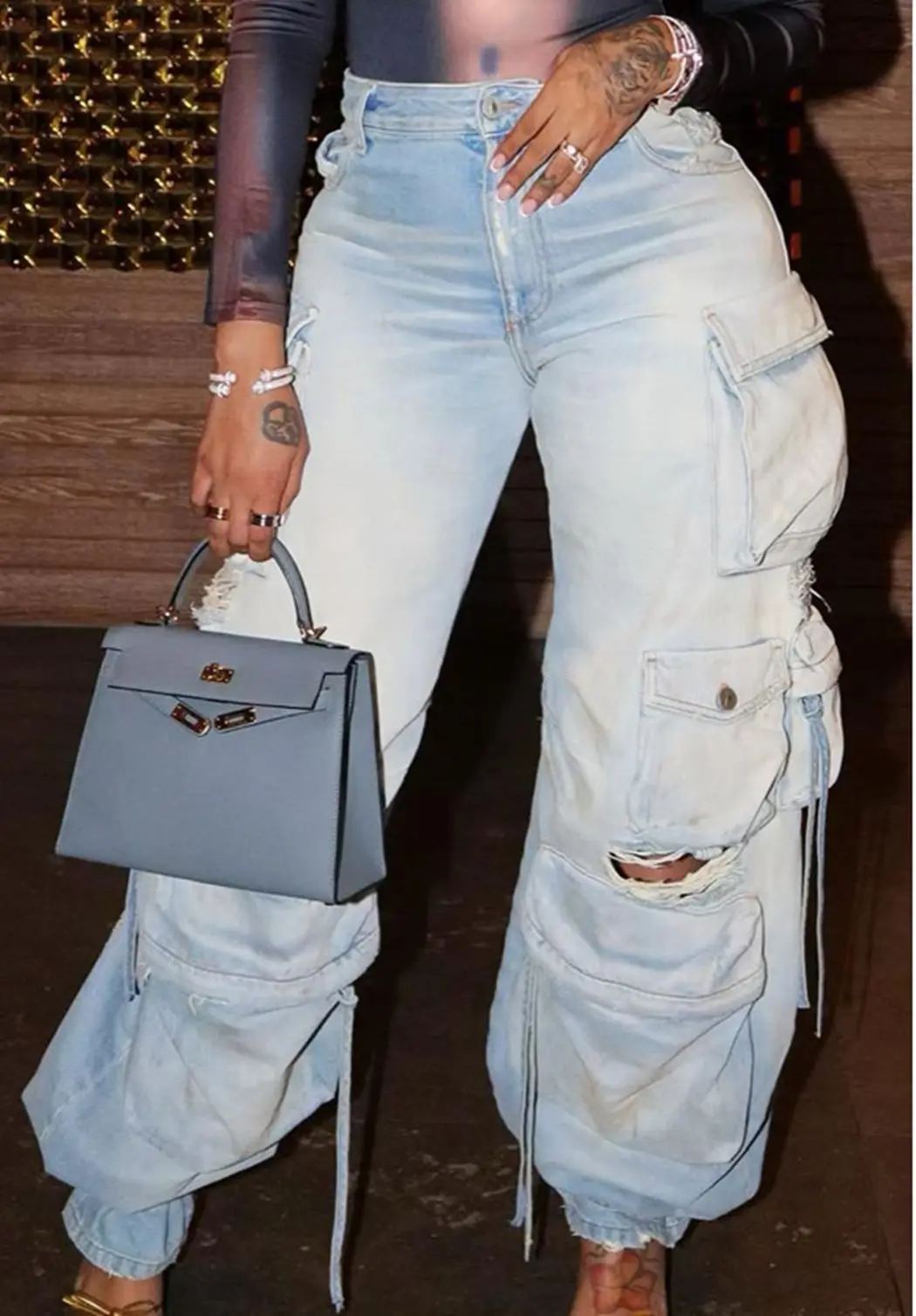 Imagem -05 - Cintura Alta para Mulheres Jeans Baggy Flap Bolso Relaxado Fit Perna Larga Reta Y2k 2023 Moda Rasgado Drawstring Cargo Jeans