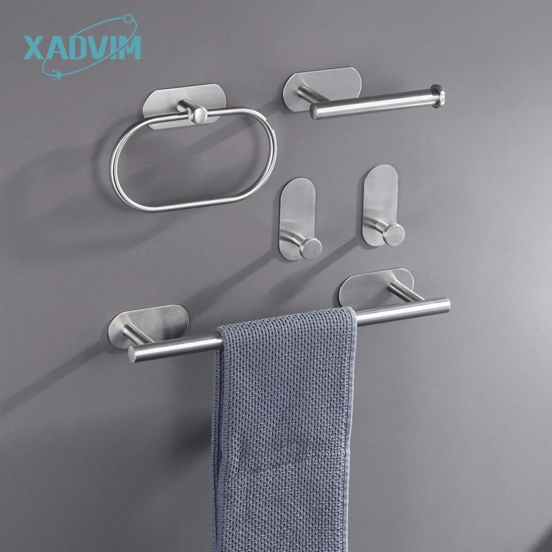 No Drilling Stainless Steel Self-adhesive Towel Bar Paper Holder Robe Hook Towel Ring Black Silver Gold Bathroom Accessories Set