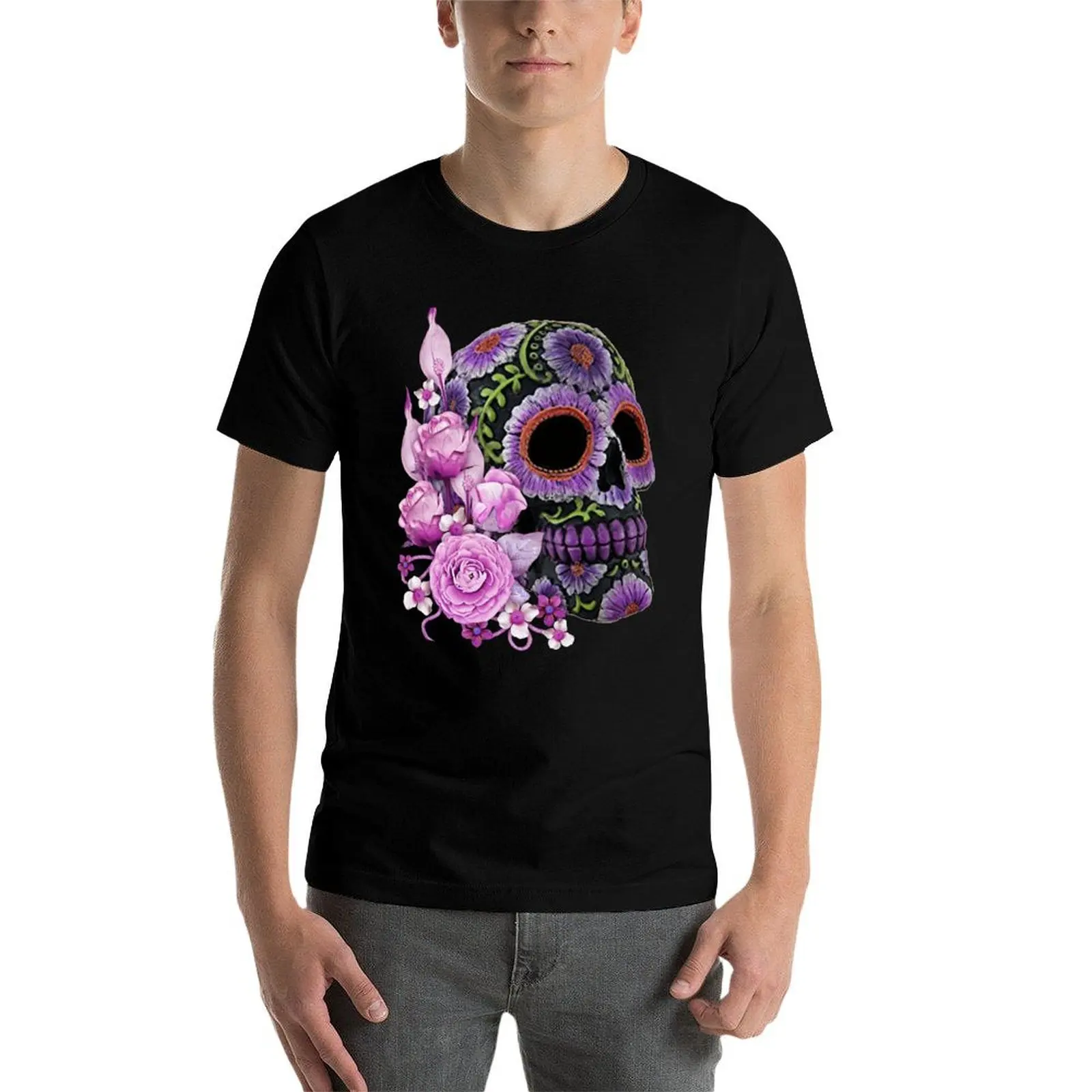 

Pink Floral Black Sugar Skull Day Of The Dead T-Shirt t shirt man designer man t shirts for men T-Shirt