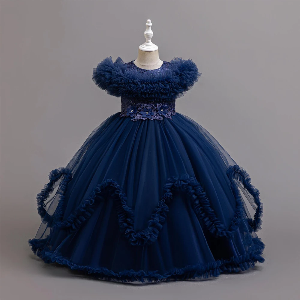 HETISO Long Flower Girl Party Dresses For Wedding Guest Kids Bridesmaid Christmas Red Blue Lace Tulle First Communion