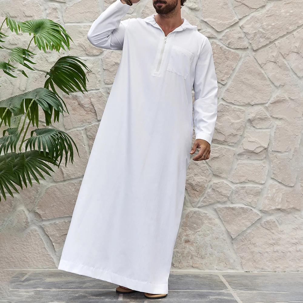 Mens Arab Robe Clothing Large Size Middle East Dubai Turkish Muslim Mens Pocket Solid Color Hat Casual Loose Outer Wear Robe