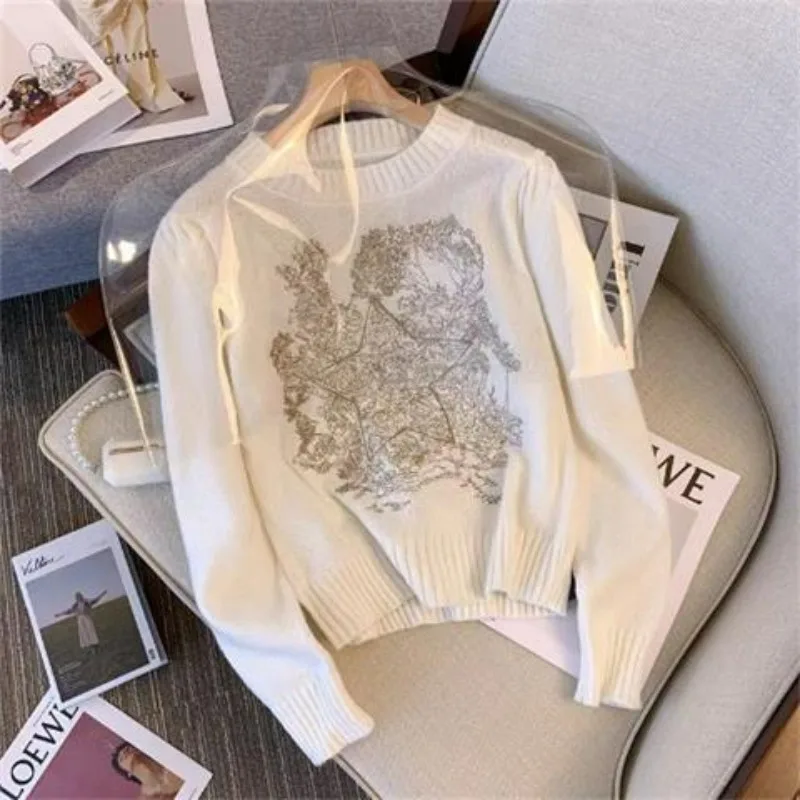 Women Vintage Print Y2K Fairy Simple Chic All Match Knitted Sweater Female White Casual O Neck Long Sleeve Pullover Tops Jumpers