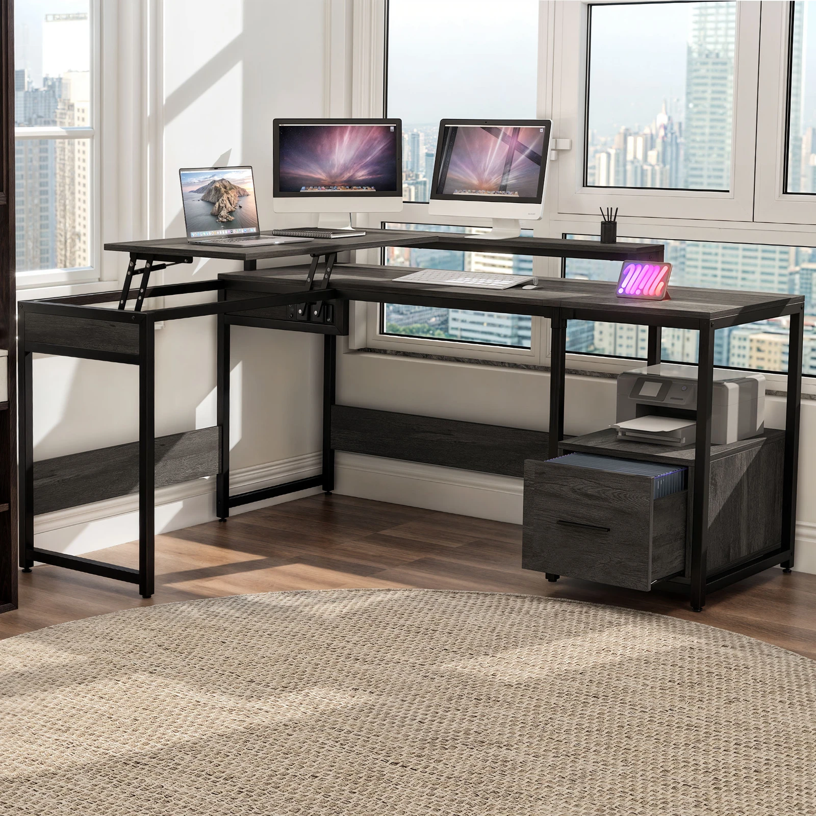 

65" L Shaped Computer Desk Office Table PC Lift Top Monitor Stand w/ File Drawer