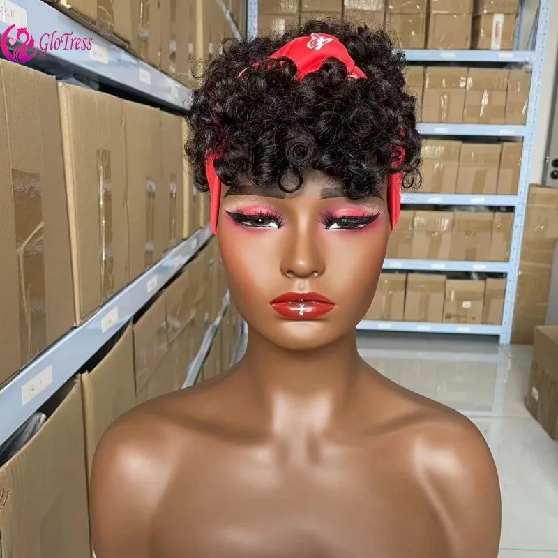 

180% Density Human Hair Kinky Jerry Curly Wig and Headband 8inches 120g Natural Color Glueless Full Machine Made Soft For Women