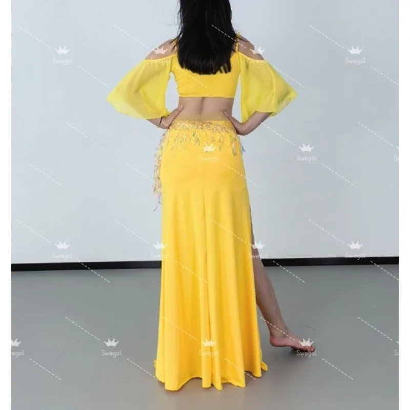 Trajes de dança do ventre sweg personalizados, roupa de prática, vestido de dança oriental, ombro de fora, manga de fada, divisão dupla, saia grande de balanço