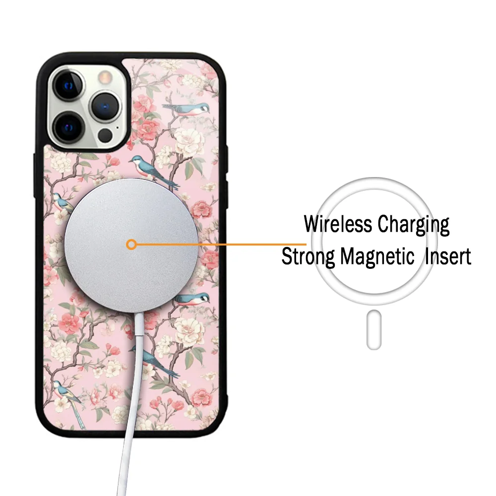 Pink Chinoiserie Birds Phone Case For IPhone 11 12 13 14 15 Plus Pro Max Mirror Acrylic Cover For Magsafe Wireless Charging