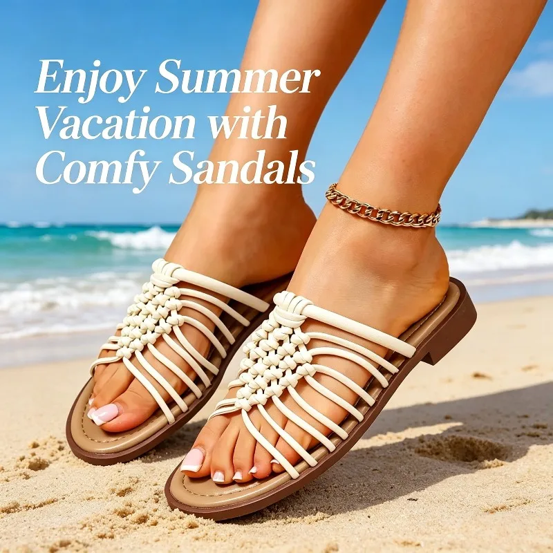 

Brand New Summer Shoes Women Flat Sandals Handmade Woven Hollow Out Slides Ladies Comfortable Rubber Sole Casual Slippers