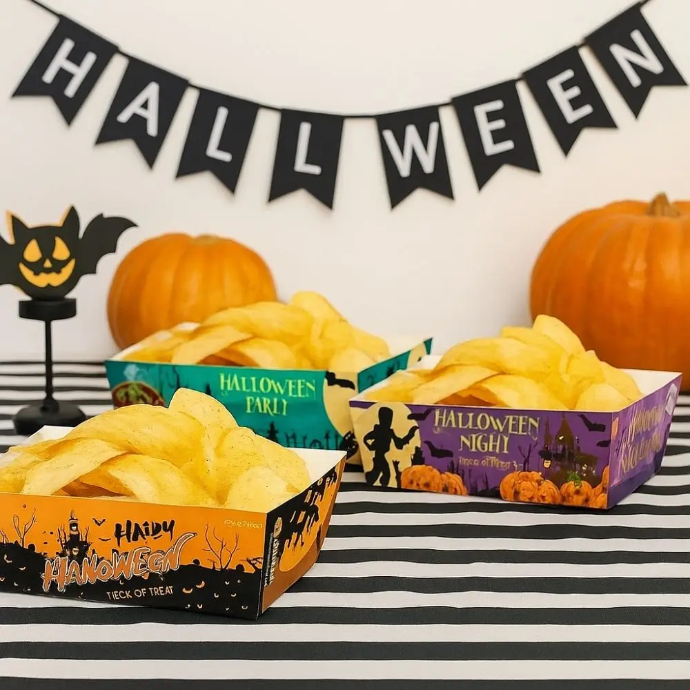 12pcs Tableware Rectangular Halloween Party Tray Pumpkin Sturdy Snack Paper Boxes Ghost Bat Cookie Tray Festival