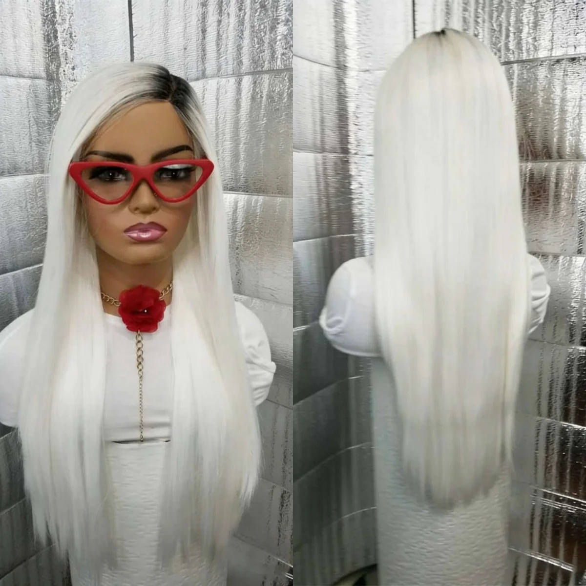 

26 Inch Ombre White Blonde Synthetic Lace Frontal Wigs Realistic Look Pre Plucked Hairline Heat Resistant Fiber Wigs Premium Wig