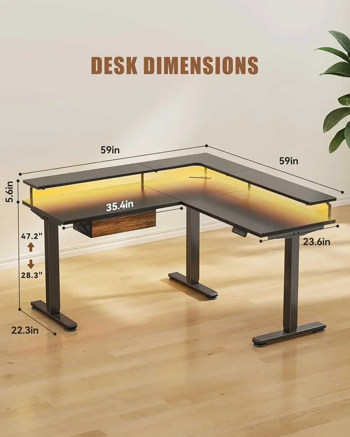 Corner Computer Desk With Drawers Electric L Shaped Standing Table 59 Inch Gaming Table With Led Lights Power Outlet Home Office