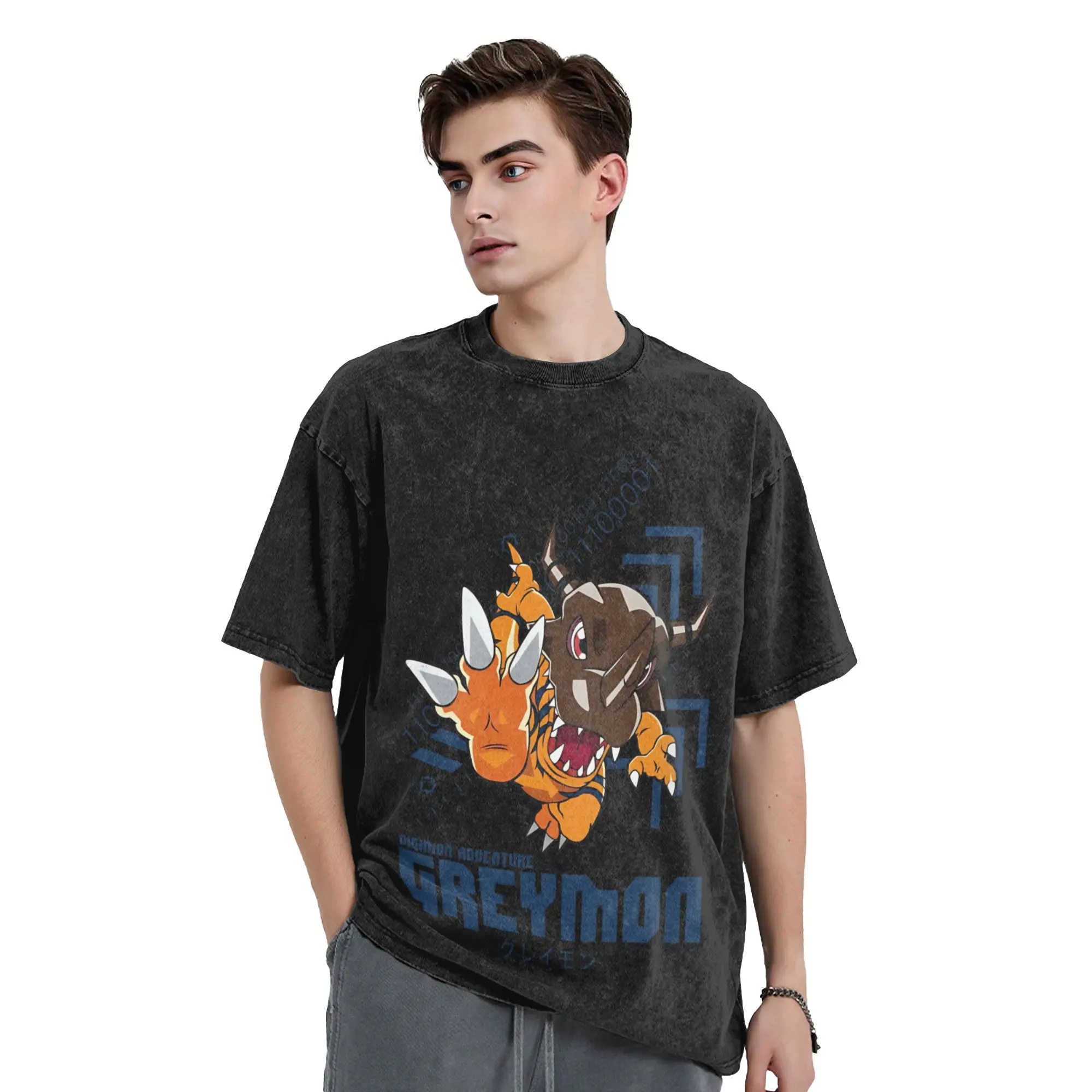 Digital Monster Digimon adventure greymon  T Shirt Hip Hop Washed Short Sleeve T-Shirts Novelty for Men Women Streetwear