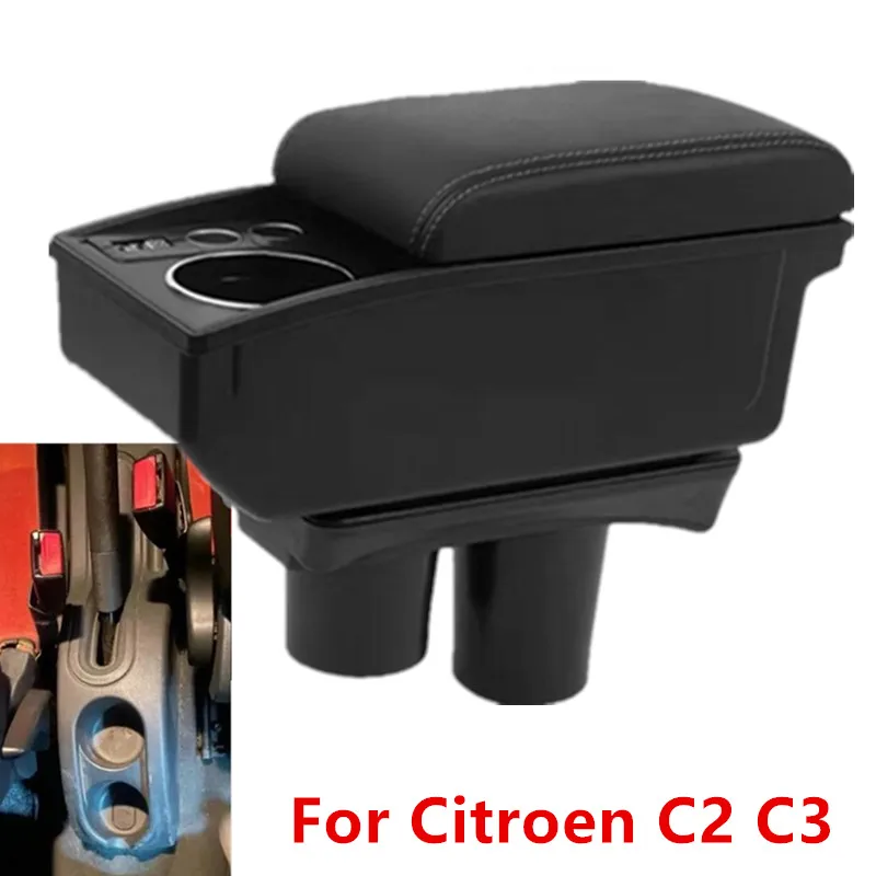 For Citroen C2 Armrest Box For Citroen C3 C2 Car Armrest Double-layer Storage Box Cup Holder Interior Retrofit Car Accessories