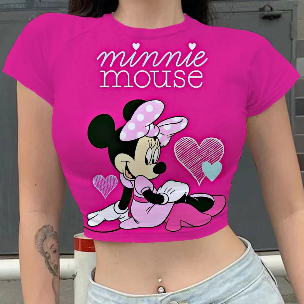 Woman Clothes Mickey Crop Top Slim Fit Women's T-shirt Party T-shirts Minnie Mouse Fashion Blouses 2024 Cartoon Y2k Tight Disney