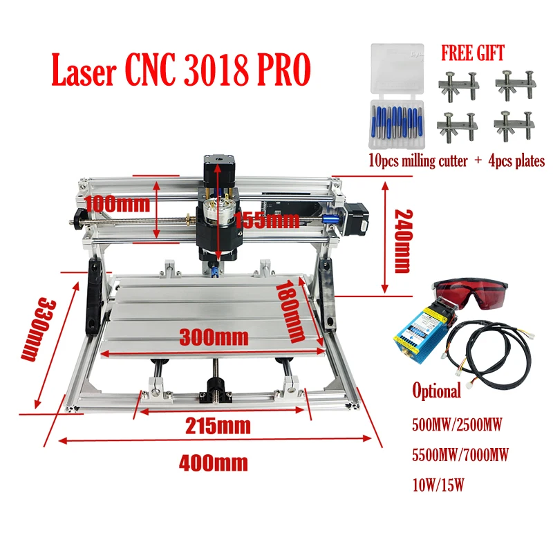 Pcb Milling Carving Machine 3018 PRO Desktop Laser Engraver with 500MW 2500MW 5000MW 10W Laser Head for Wood Work GRBL Control