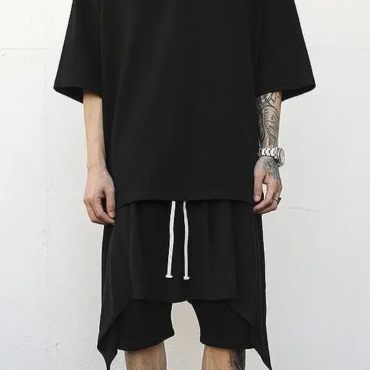 Men Darkwear Layered Harem Shorts Drawstring Drop Crotch Skirt Shorts High Street Streetwear Casual Fashion Pants